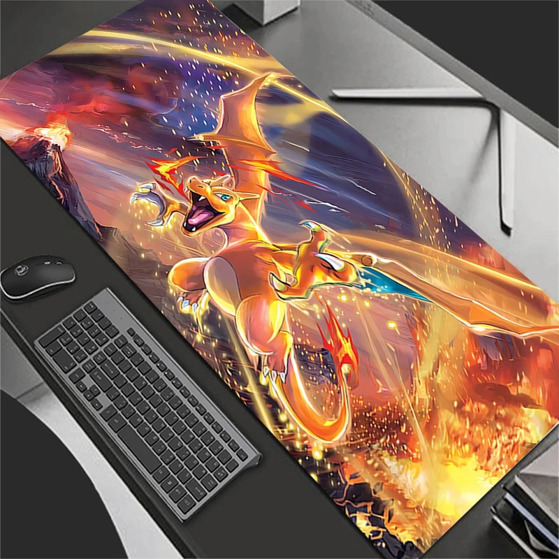 Gaming Accessories Laptop - แผ่นรองเมาส์อะนิเมะอุปกรณ์เสริมสำหรับเล่นเกมขนาดใหญ่พรมเกมเมอร์พีซีคอมพิวเตอร์สำนักงานแล็ปท็อปคีย์บอร์ดแผ่นรองโต๊ะพี-โปเกมอน ชาริซาร์ด แผ่นรองเมาส์