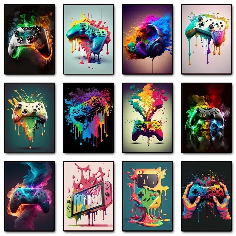 Gaming Accessories Decor - ภาพพิมพ์บนผ้าใบลายคอนโทรลเลอร์เกมส์สไตล์ป๊อปอาร์ตสีสันสดใส ภาพศิลปะติดผนังแบบมินิมอลสำหรับตกแต่งห้องนอนและบ้านสไตล์โมเดิร์น